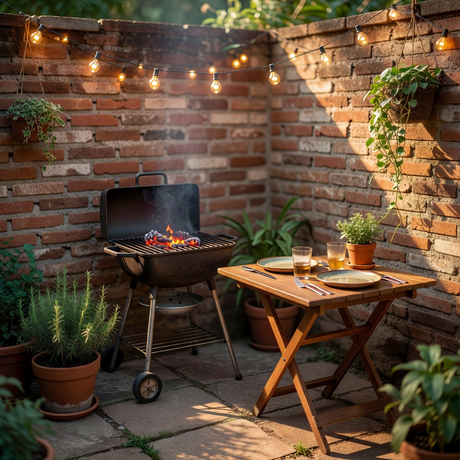 Quincho en un patio chico con parrilla compacta y mesa plegable