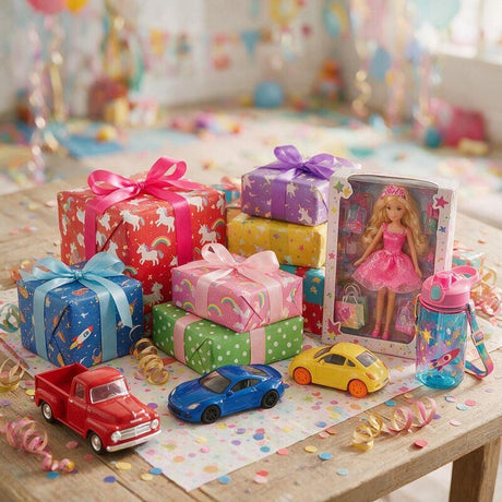 Regalos para el Día del Niño: autos de juguete, muñeca y botella infantil junto a cajas de regalo