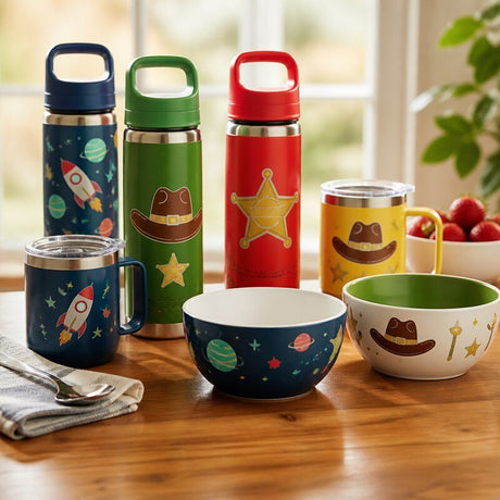 Botellas, mugs y tazones infantiles con motivos de vaquero y espacio, ideales para fans de Toy Story