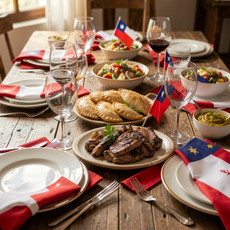 Vajilla para Fiestas Patrias: mesa del 18 puesta con platos, copas y fuentes