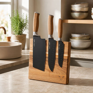 Set 3 Cuchillos con Block Magnetico Madera Acacia Wayu