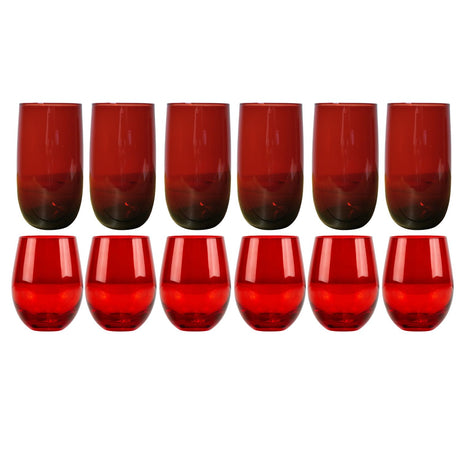 Set 12 Vasos Vidrio Altos Y Bajos Full Color Rojo Allegra | Disparo.cl