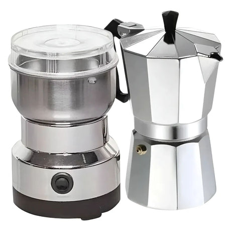 Moledor Eléctrico De Café + Cafetera Italiana Greca 3 Tazas Color Gris | Disparo.cl
