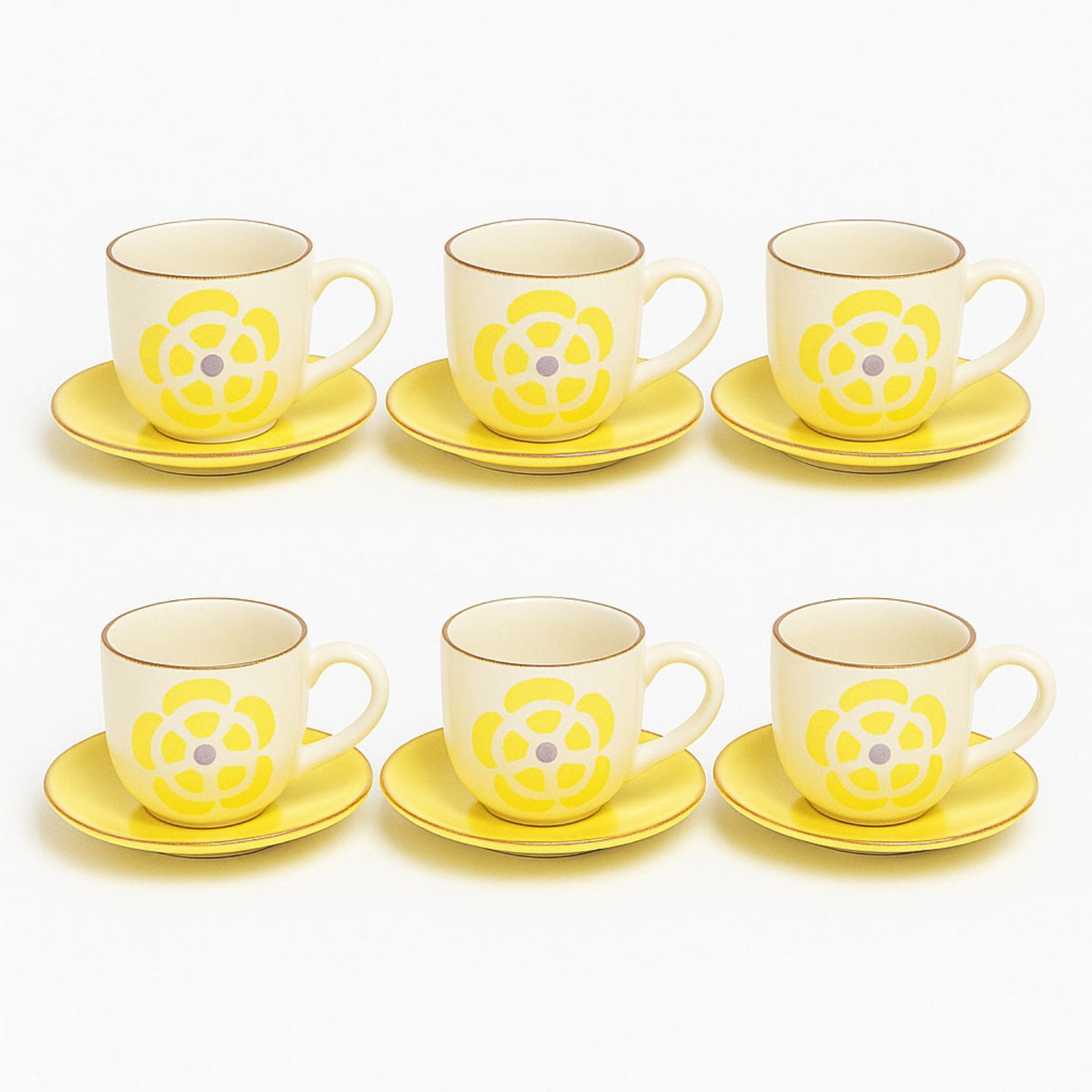 Set 6 Tazas Porcelana 350mL Platillos Flor Amarilla Cocina
