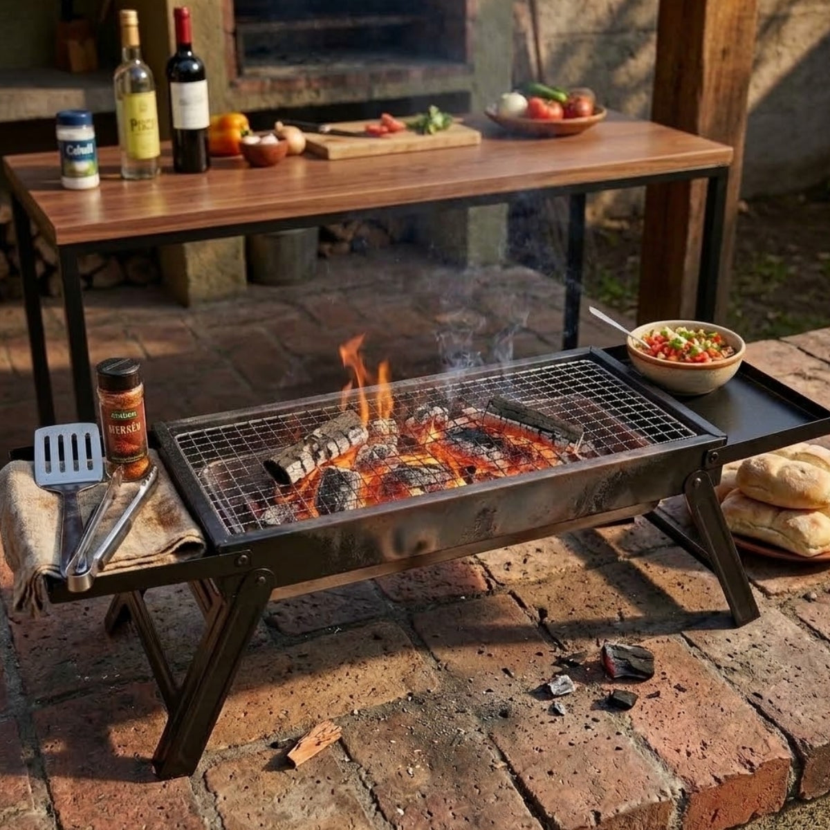 Parrilla Plegable Carbón 89cm Bandejas Latera