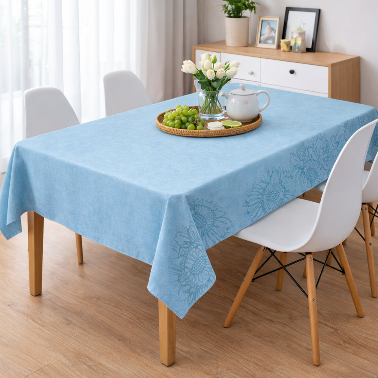 Mantel de Mesa Antimanchas 140x220 cm Celeste Borde Floral