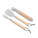 Set Parrillero 3 Pzs Espatula Horquilla Pinza 39cm Mango Madera