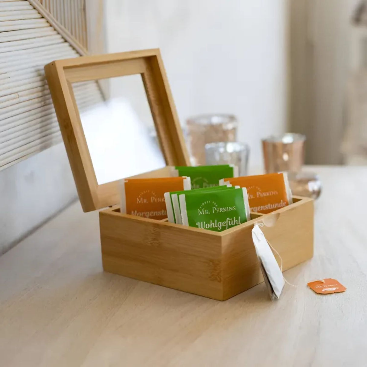 Caja Compartida Madera Sobres De Te 4 Divisiones 16x16 Cm | Disparo.cl