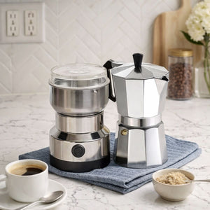 Moledor Eléctrico De Café + Cafetera Italiana Greca 3 Tazas Color Gris | Disparo.cl
