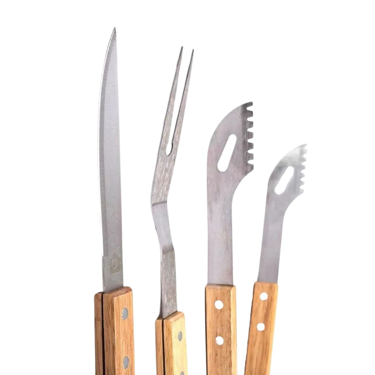 Set Parrillero 3 Pzs Espatula Horquilla Pinza 39cm Mango Madera