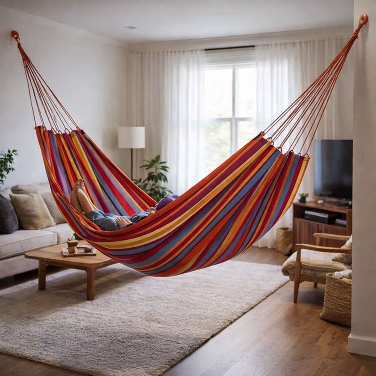 Hamaca Premium 1 Plazas 100% Algodón Multicolor Colgando | Disparo.cl