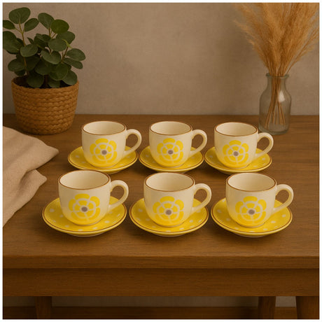 Set 6 Tazas Porcelana 350mL Platillos Flor Amarilla Cocina