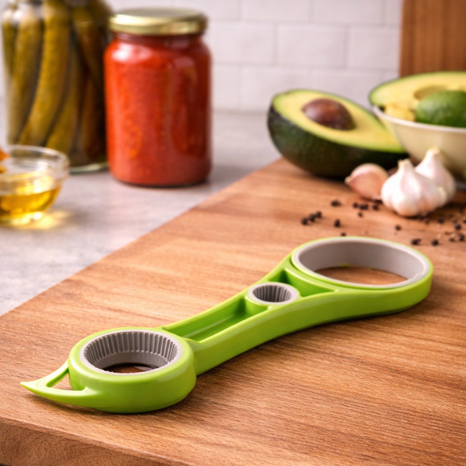 Abridor de Botellas Frascos Multifuncional para Cocina en uso