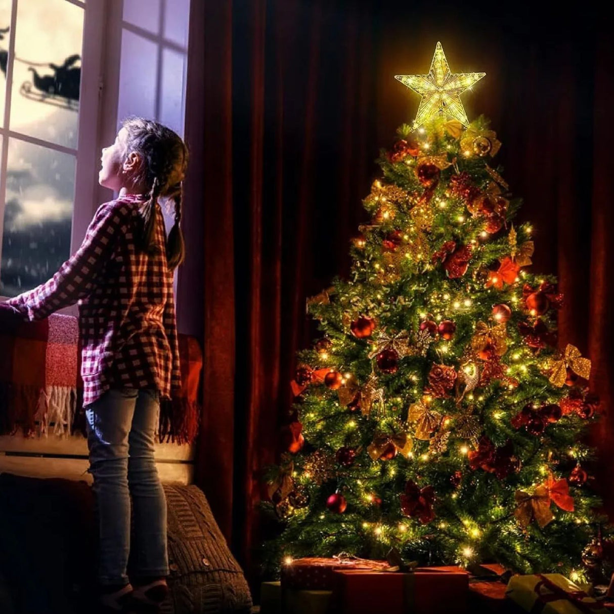 Set 3 Estrellas Punta Arbol Calida Navidad A Pila Decoracion. Ilumina tu árbol con estilo y calidez. ¡Compra ahora y transforma tu Navidad!-2