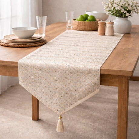 Camino de Mesa 32x180cm Decorativo Beige Geométrico con Borla