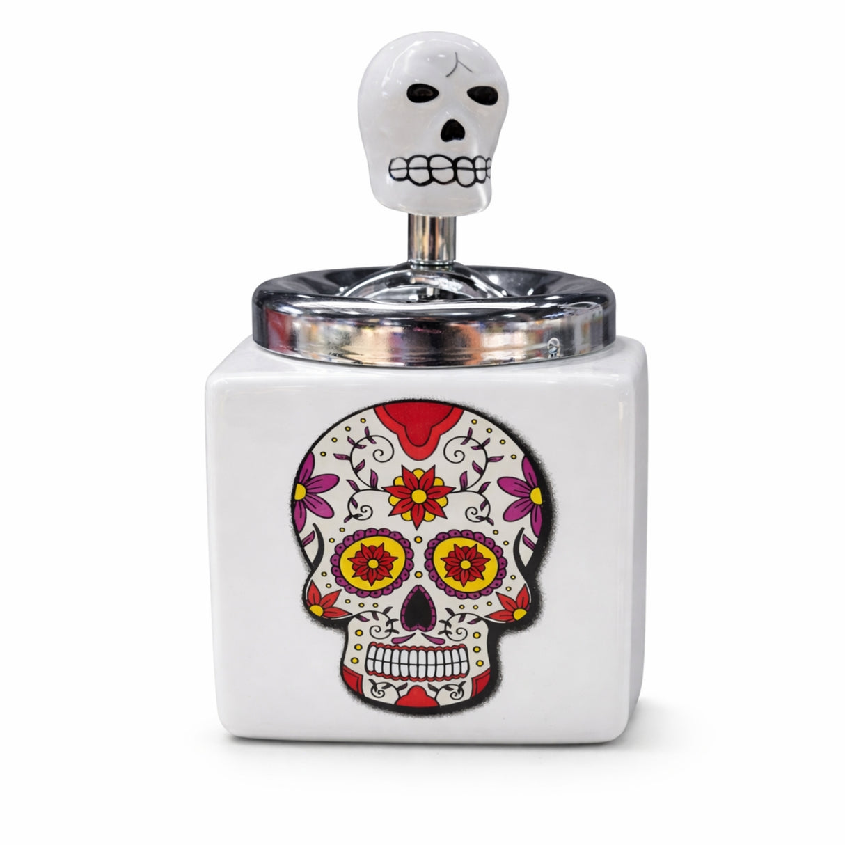 Cenicero Calavera Cerámica con Tapa Aluminio Decorativo | Disparo.cl
