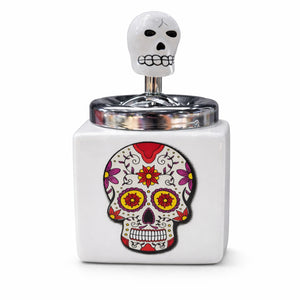 Cenicero Calavera Cerámica con Tapa Aluminio Decorativo | Disparo.cl