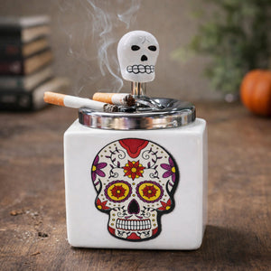 Cenicero Calavera Cerámica con Tapa Aluminio Decorativo | Disparo.cl