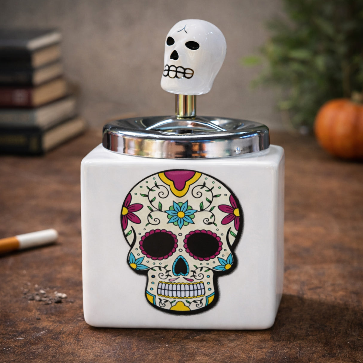 Cenicero Calavera Cerámica con Tapa Aluminio Decorativo | Disparo.cl