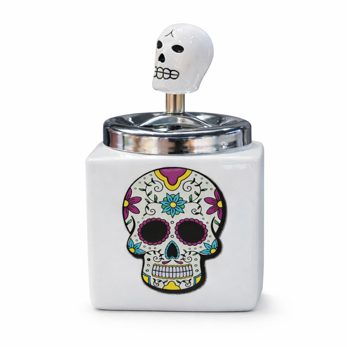 Cenicero Calavera Cerámica con Tapa Aluminio Decorativo | Disparo.cl