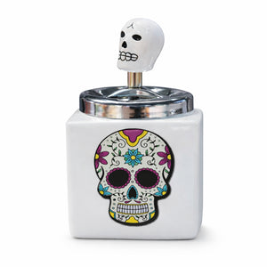 Cenicero Calavera Cerámica con Tapa Aluminio Decorativo | Disparo.cl