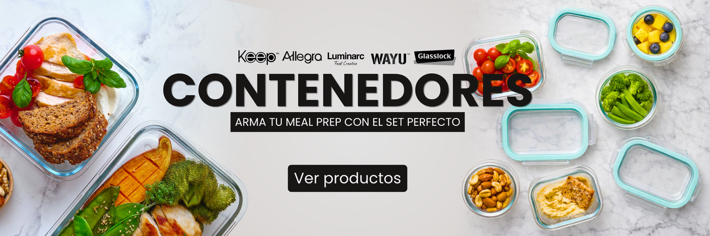 Banner de contenedores de vidrio para meal prep con vegetales y pollo. Marcas destacadas: Keep, Allegra, Luminarc, Wayu y Glasslock. Texto promocional: Arma tu meal prep con el set perfecto.