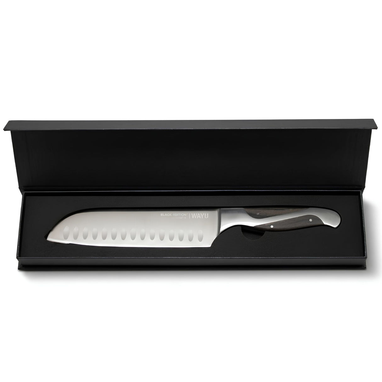 Cuchillo Santoku Black Edition 34 cm Wayu Acero Inoxidable en caja fondo blanco