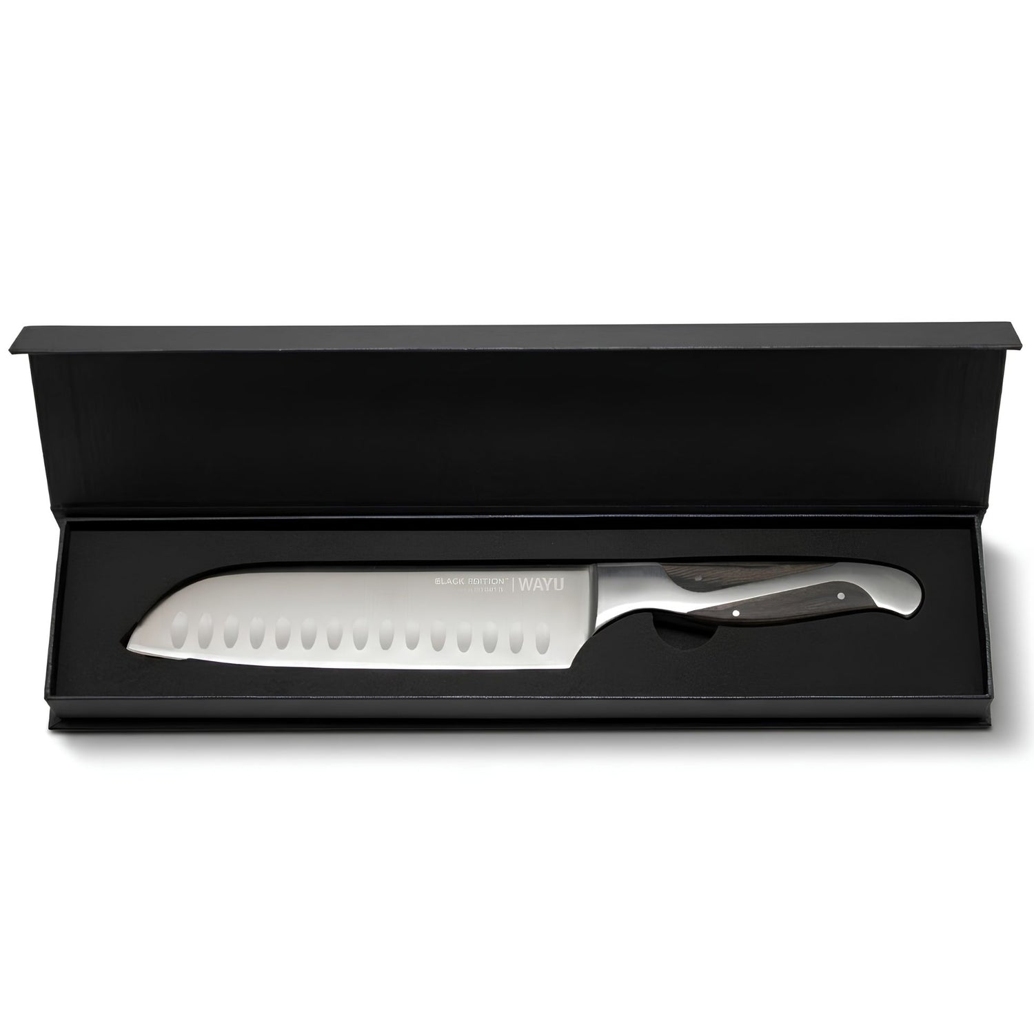 Cuchillo Santoku Black Edition 34 cm Wayu Acero Inoxidable en caja fondo blanco