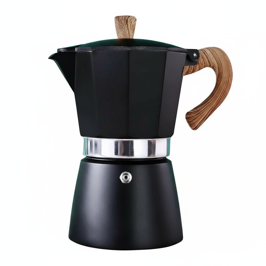 Cafetera Moka 6 Tazas Negra Acero Mango Madera