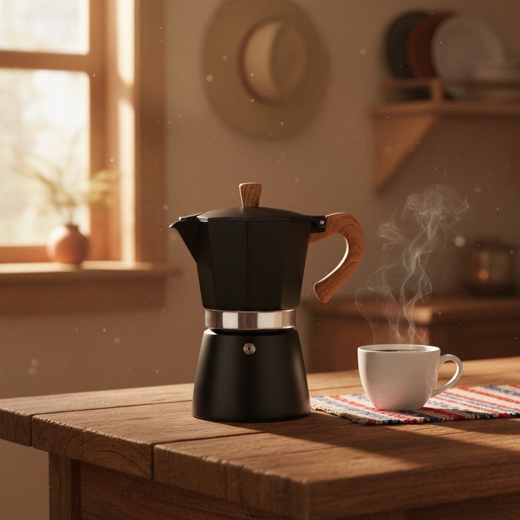 Cafetera Moka 6 Tazas Negra Acero Mango Madera
