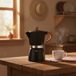 Cafetera Moka 6 Tazas Negra Acero Mango Madera