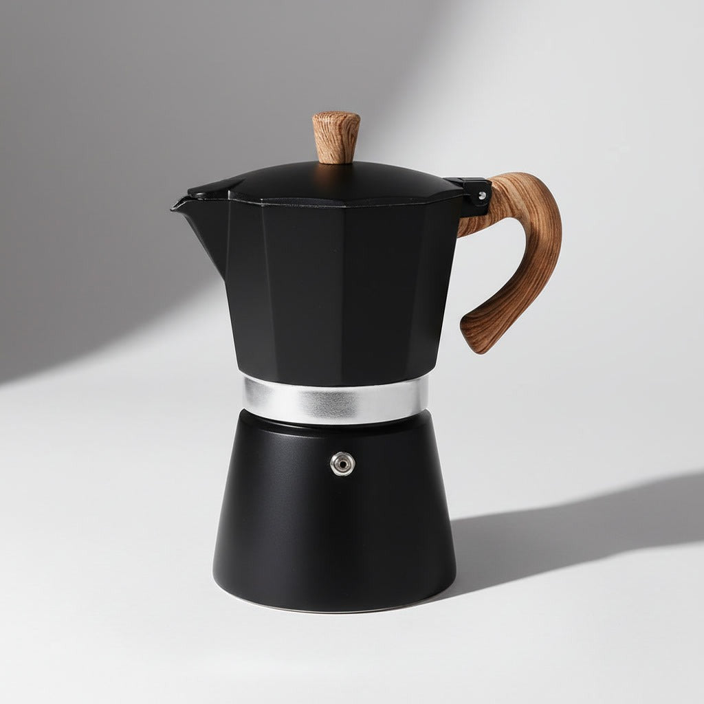 Cafetera Moka 6 Tazas Negra Acero Mango Madera