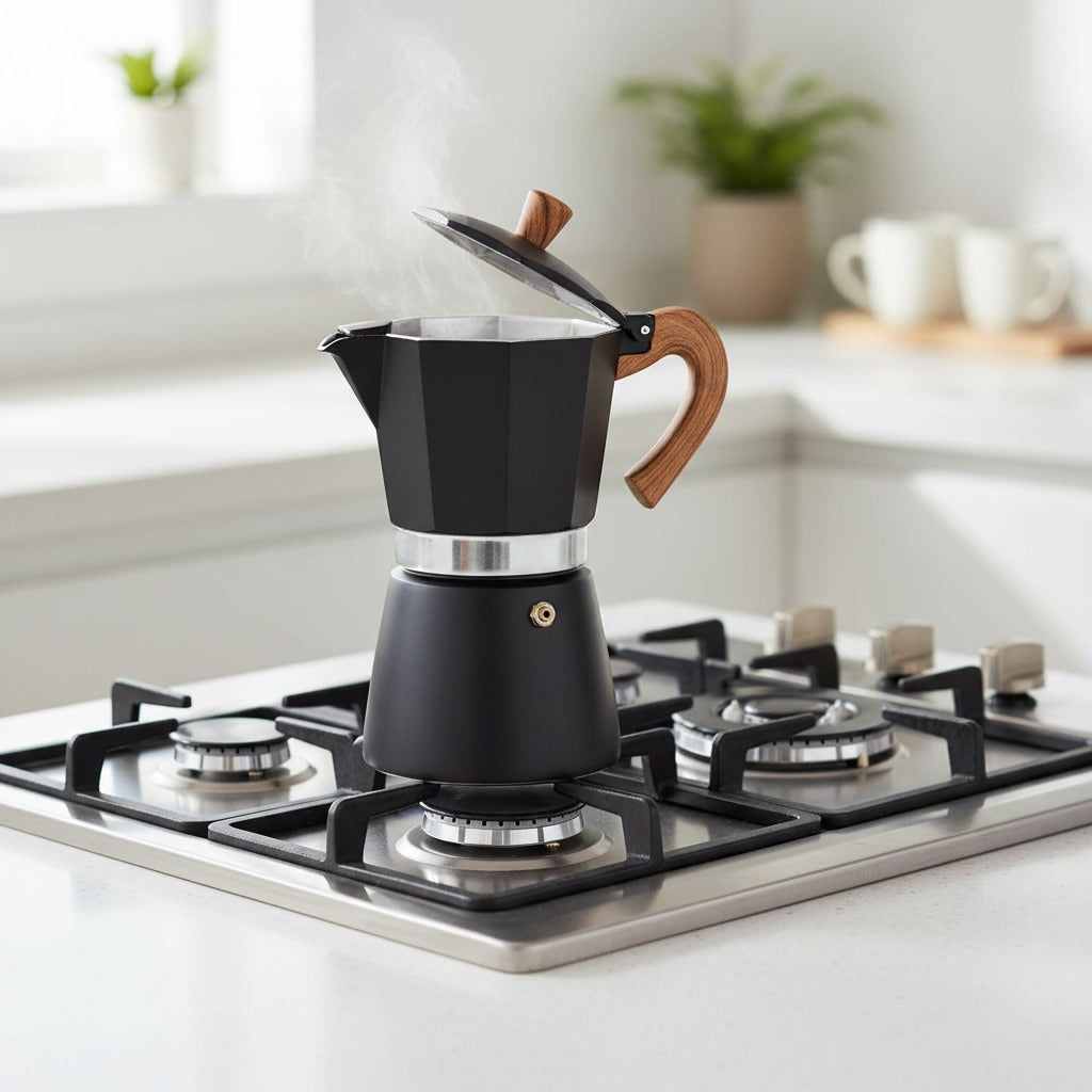 Cafetera Moka 6 Tazas Negra Acero Mango Madera