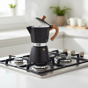 Cafetera Moka 6 Tazas Negra Acero Mango Madera