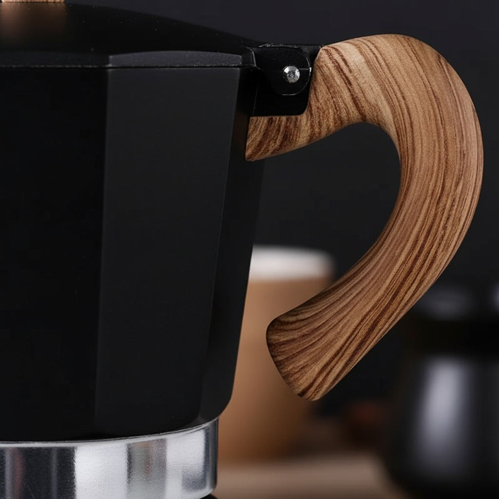 Cafetera Moka 6 Tazas Negra Acero Mango Madera