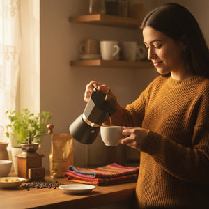 Cafetera Moka 6 Tazas Negra Acero Mango Madera