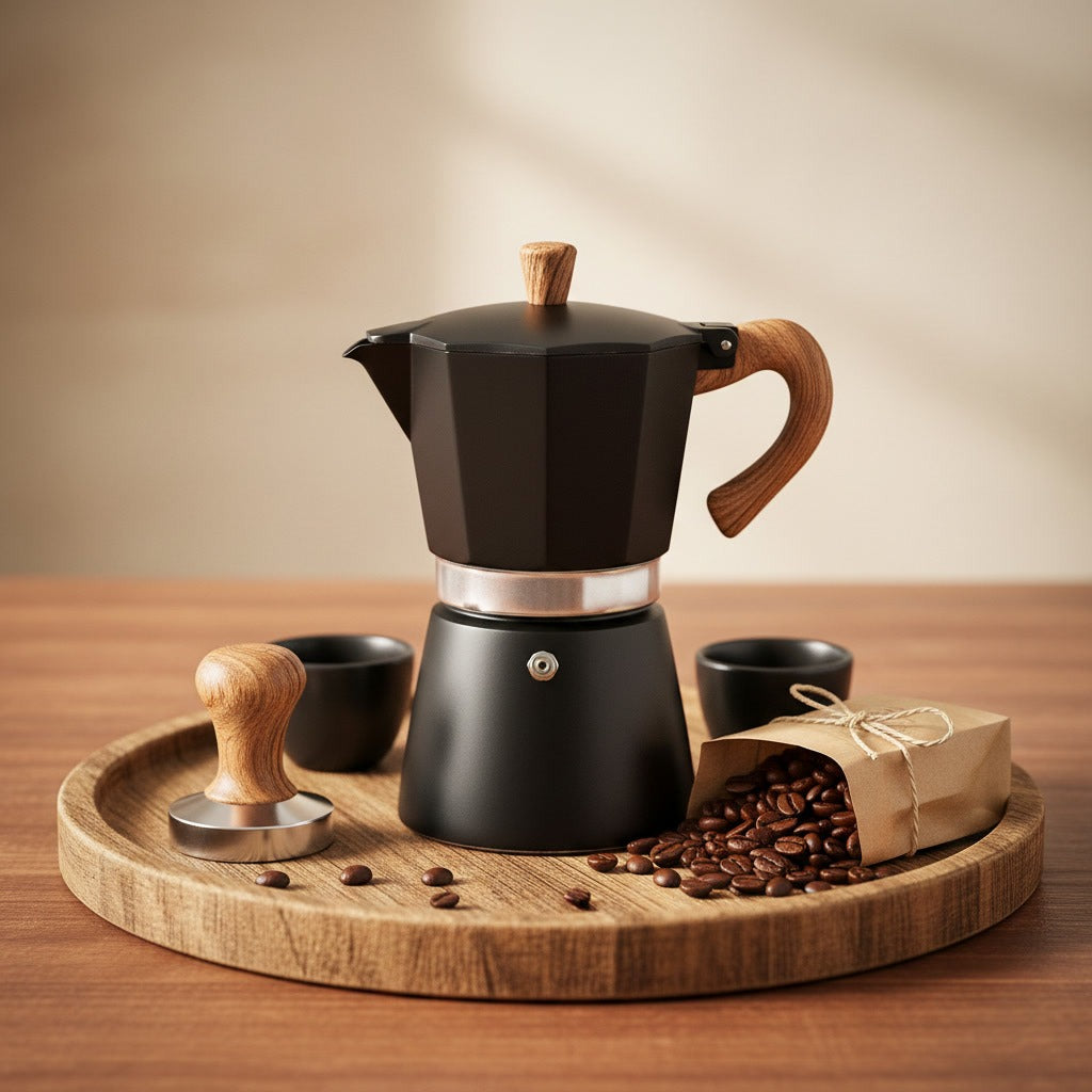 Cafetera Moka 6 Tazas Negra Acero Mango Madera