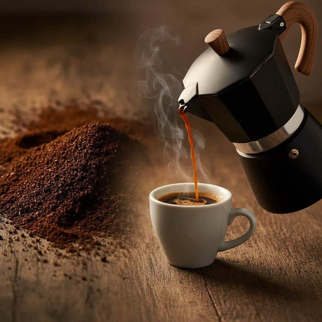 Cafetera Moka 6 Tazas Negra Acero Mango Madera