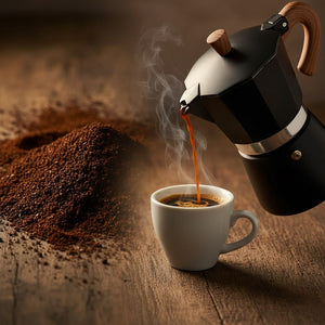 Cafetera Moka 6 Tazas Negra Acero Mango Madera