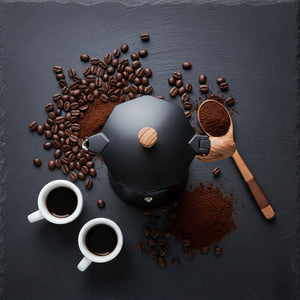Cafetera Moka 6 Tazas Negra Acero Mango Madera