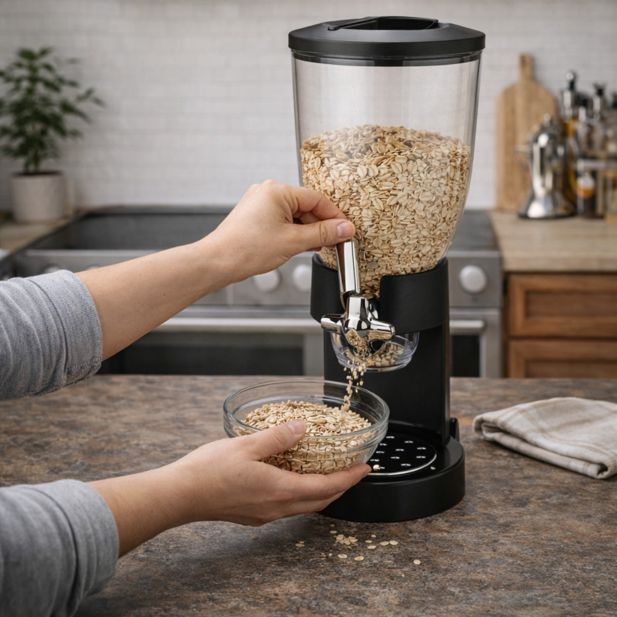 Dispensador de Cereales 2L de Plastico para Cocina en uso