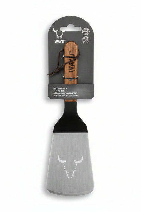 Espatula Cocina Acero Inoxidable Mango Madera 31cm Asado Wayu fondo blanco