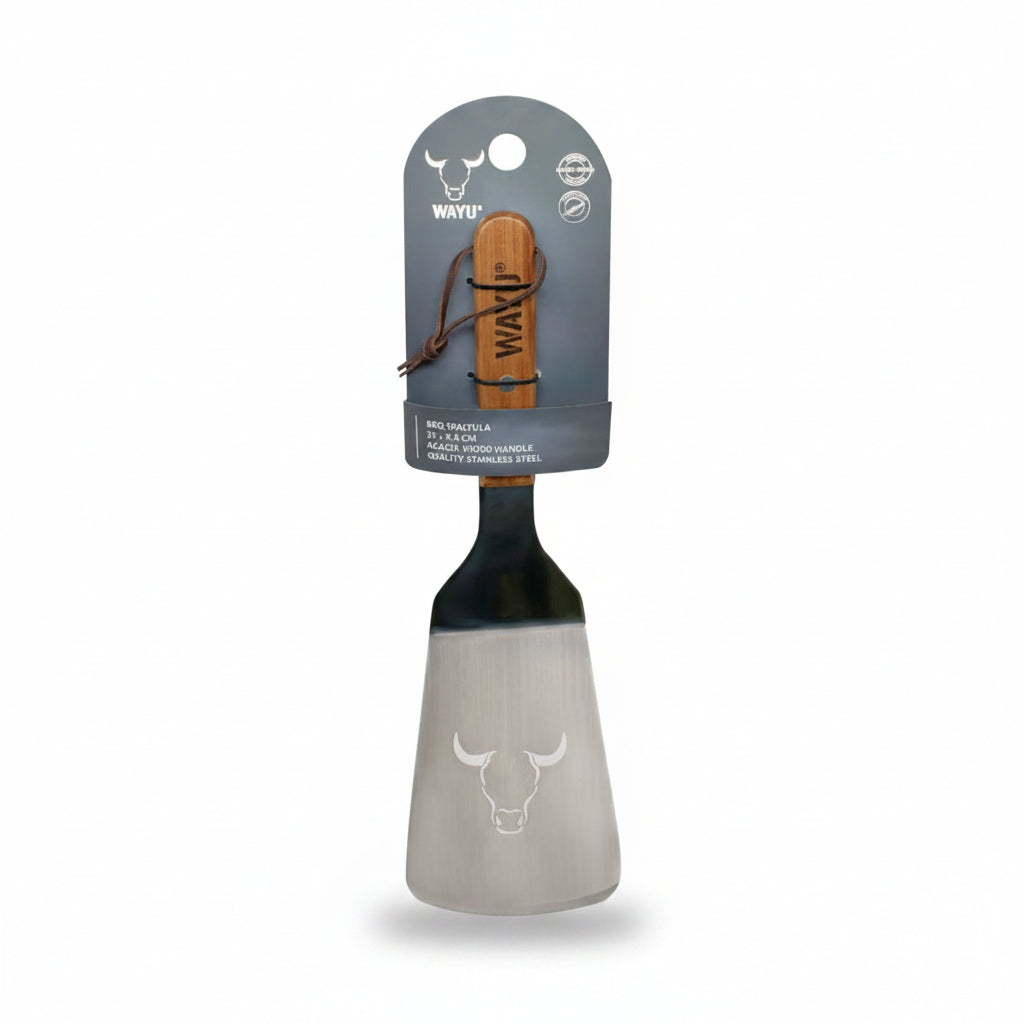 Espatula de Cocina 31 Cm Mango Madera Wayu con blister fondo blanco
