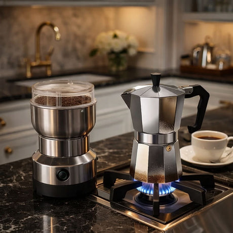 Moledor Eléctrico De Café + Cafetera Italiana Greca 3 Tazas Color Gris