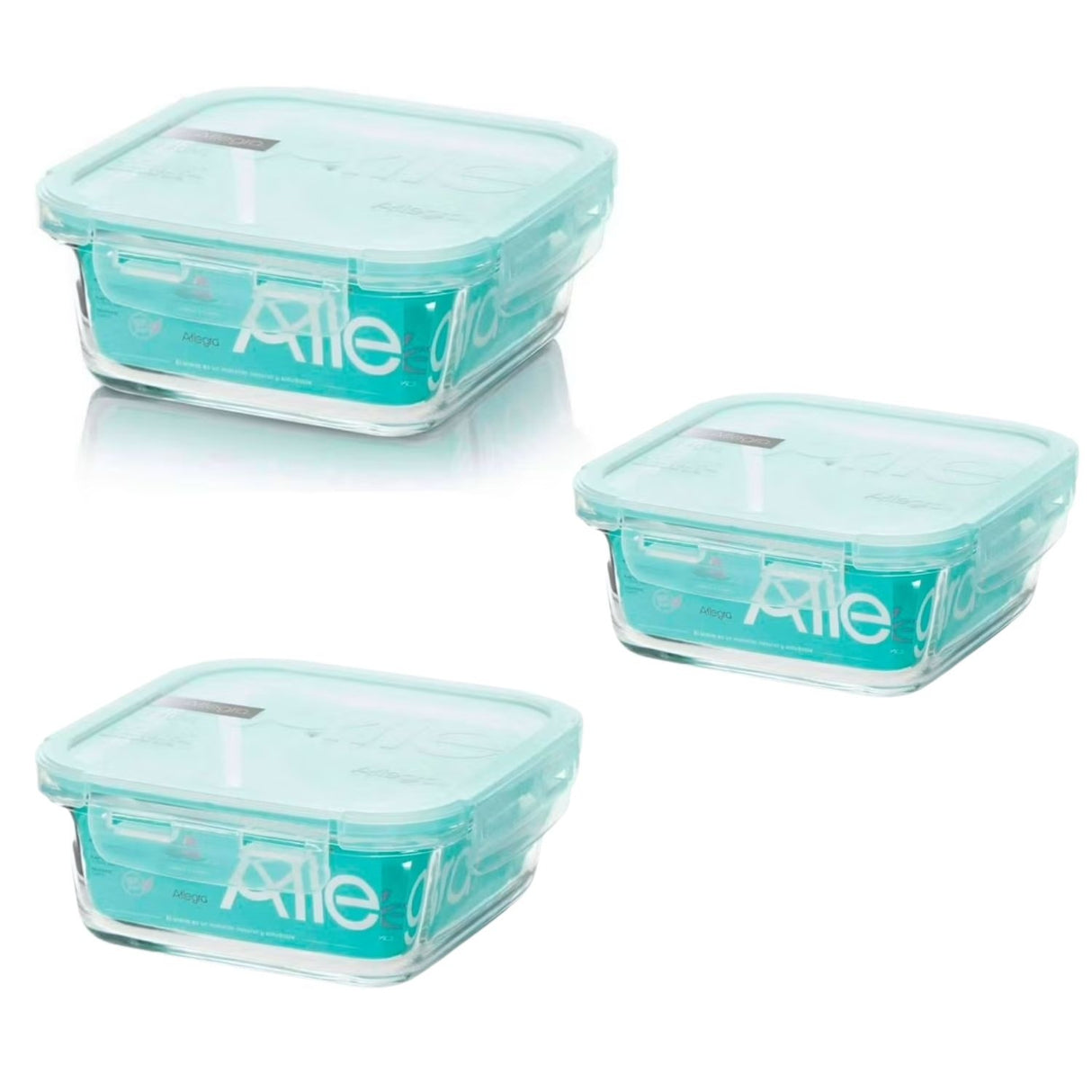 Pack 3 Contenedores Hermeticos de Vidrio 380mL Cuadrados Allegra