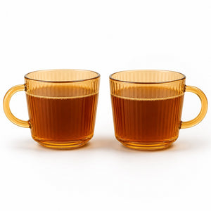 Set 2 Tazas Vidrio Ámbar 380mL Diseño Acanalado Café Té