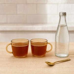 Set 2 Tazas Vidrio Ámbar 380mL Diseño Acanalado Café Té