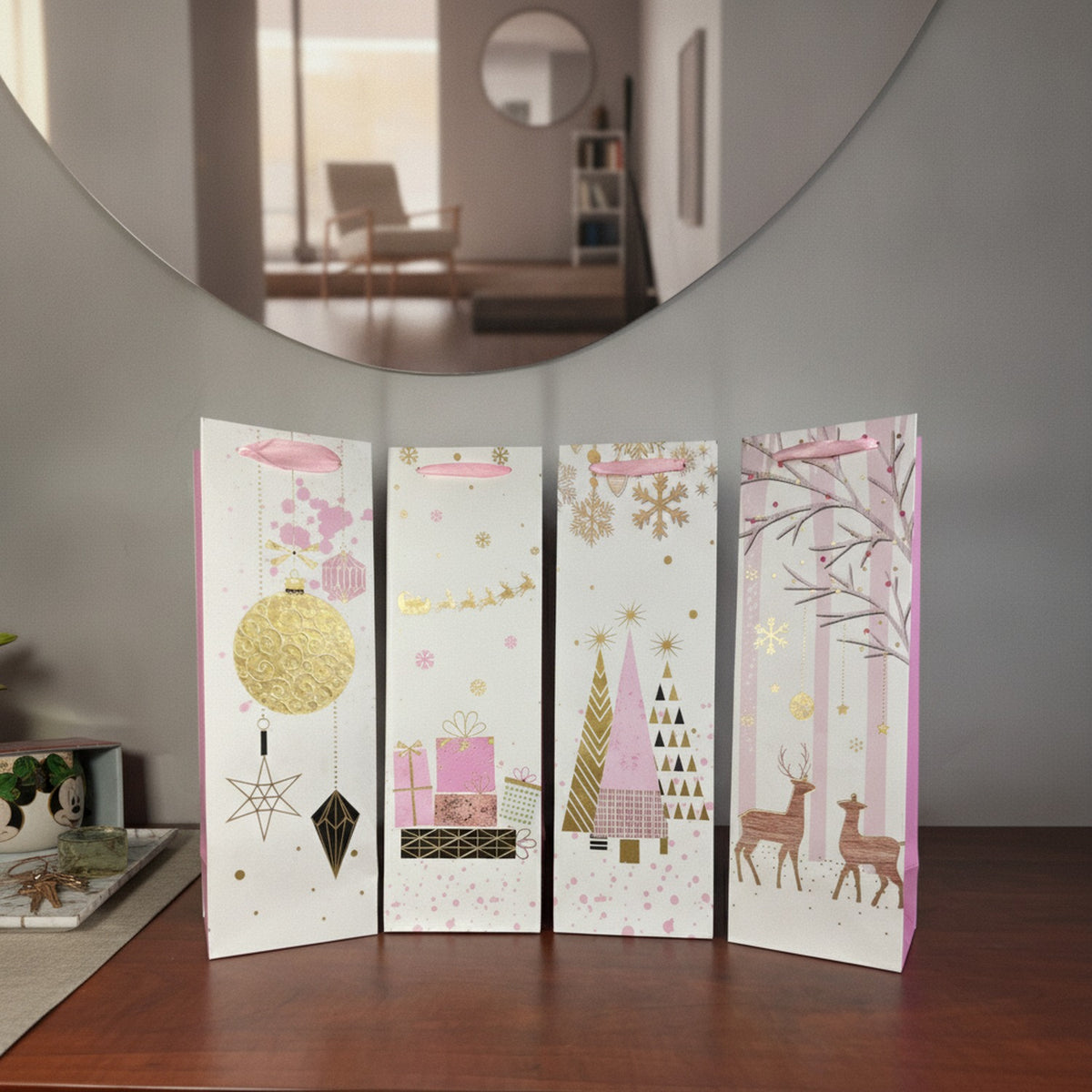Set 10 Bolsas Regalo Navidad Vino Espumante 36x12cm Rosa