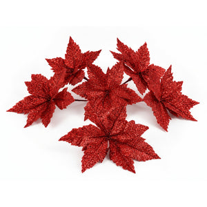 Set 6 Flores Decorativas Navideñas Brillos 18cm Rojo