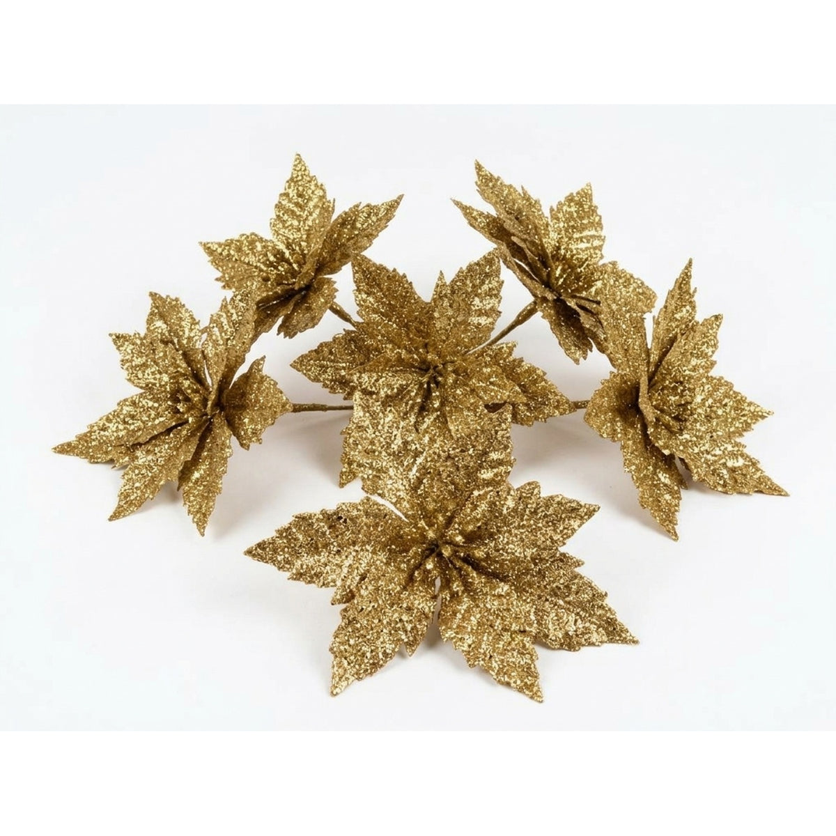 Set 6 Flores Decorativas Navideñas Brillos 18cm Dorada